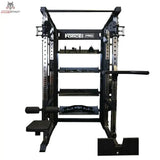 Force USA X15 & X20 Pro Upgrade Kit montiert am Rack, Frontansicht mit Ablagen und seitlichem Dip-Griff