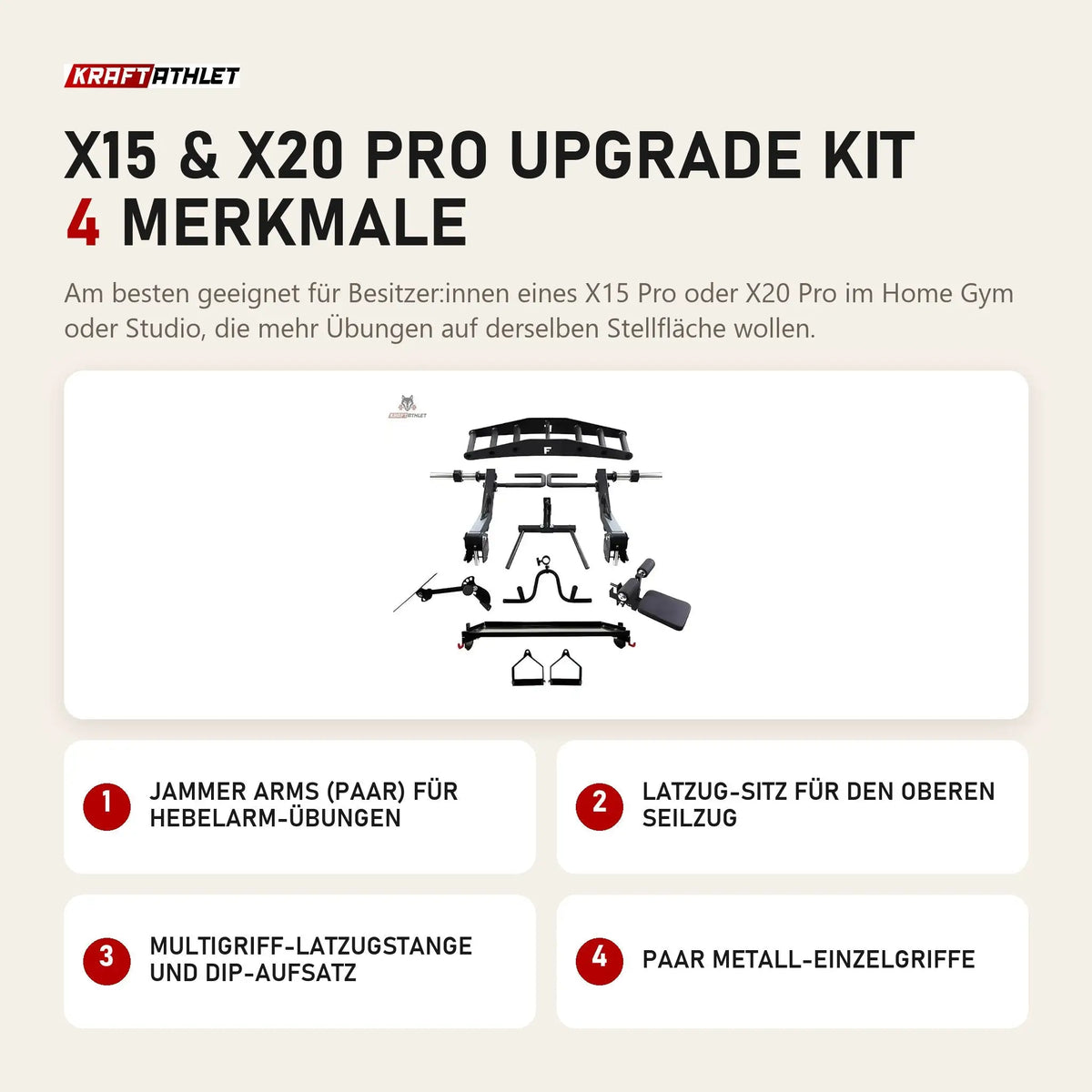 Force USA X15 & X20 Pro Upgrade Kit mit 4 Merkmalen: Jammer Arms (Paar) für Hebelarm-Übungen, Latzug-Sitz für den oberen Seilzug, Multigriff-Latzugstange und Dip-Aufsatz, Paar Metall-Einzelgriffe