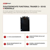 Force USA Zusatzgewichte Functional Trainer 2 × 30 kg mit 4 Merkmalen: 2 × 30 kg Zusatzgewichte, Gewichtstürme von 60 auf je 90 kg, 180 kg Gesamtgewicht am Doppelzug, Schnell zum bestehenden Turm ergänzt