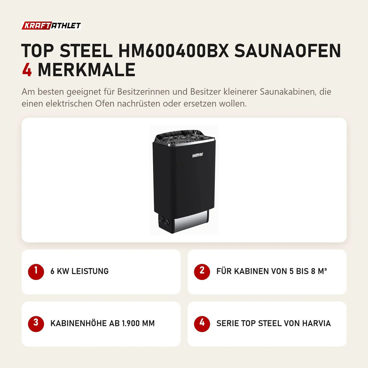 Harvia Top Steel HM600400BX Saunaofen mit 4 Merkmalen: 6 kW Leistung, Für Kabinen von 5 bis 8 m³, Kabinenhöhe ab 1.900 mm, Serie Top Steel