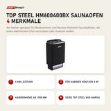 Harvia Top Steel HM600400BX Saunaofen mit 4 Merkmalen: 6 kW Leistung, Für Kabinen von 5 bis 8 m³, Kabinenhöhe ab 1.900 mm, Serie Top Steel