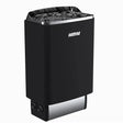 Harvia Top Steel HM600400BX Saunaofen in Schrägansicht mit Saunasteinen, schwarz mit Edelstahlsockel