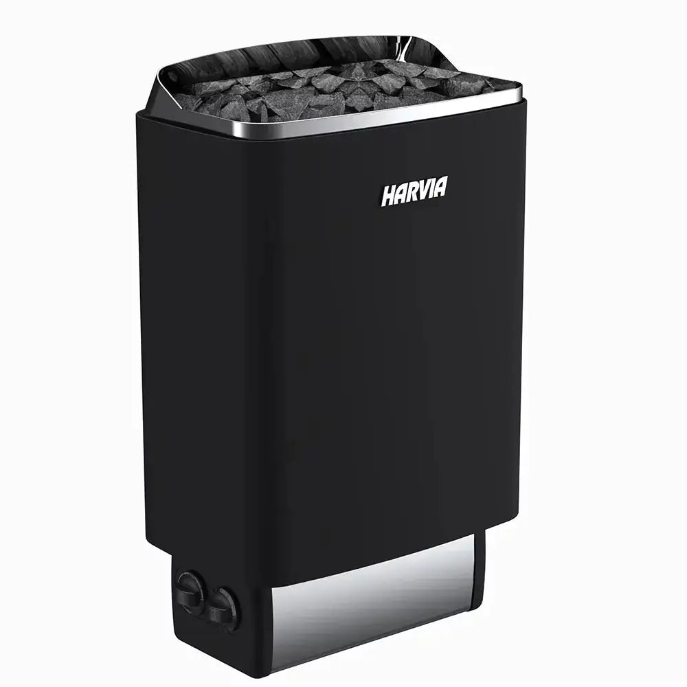 Harvia Top Steel HM600400BX Saunaofen in Schrägansicht mit Saunasteinen, schwarz mit Edelstahlsockel