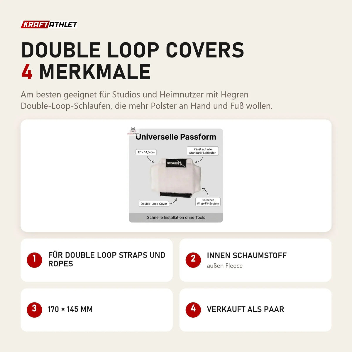 Hegren Double Loop Covers mit 4 Merkmalen: Für Double Loop Straps und Ropes, Innen Schaumstoff, 170 × 145 mm, Verkauft als Paar