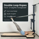 Hegren Double Loop Ropes, Infografik mit Produktmerkmalen, Training am Reformer im Hintergrund