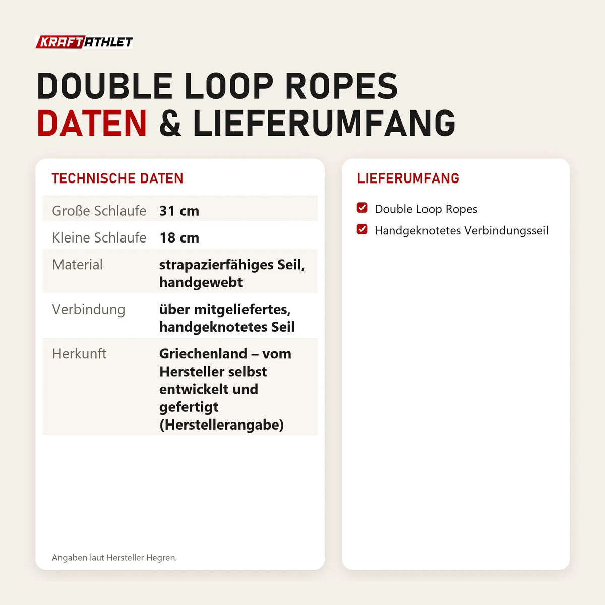 Technische Daten und Lieferumfang von Hegren Double Loop Ropes als Tabelle