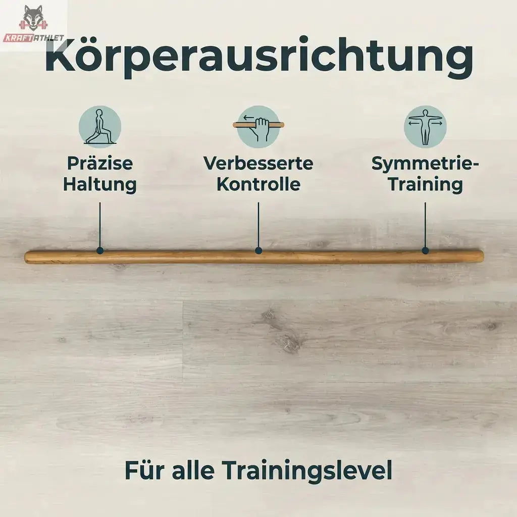 Hegren Pilates Wooden Stick 1,10 m aus Eiche, Infografik zur Haltungsausrichtung mit Stab vor Holzwand