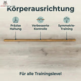 Hegren Pilates Wooden Stick 1,10 m aus Eiche, Infografik zur Haltungsausrichtung mit Stab vor Holzwand
