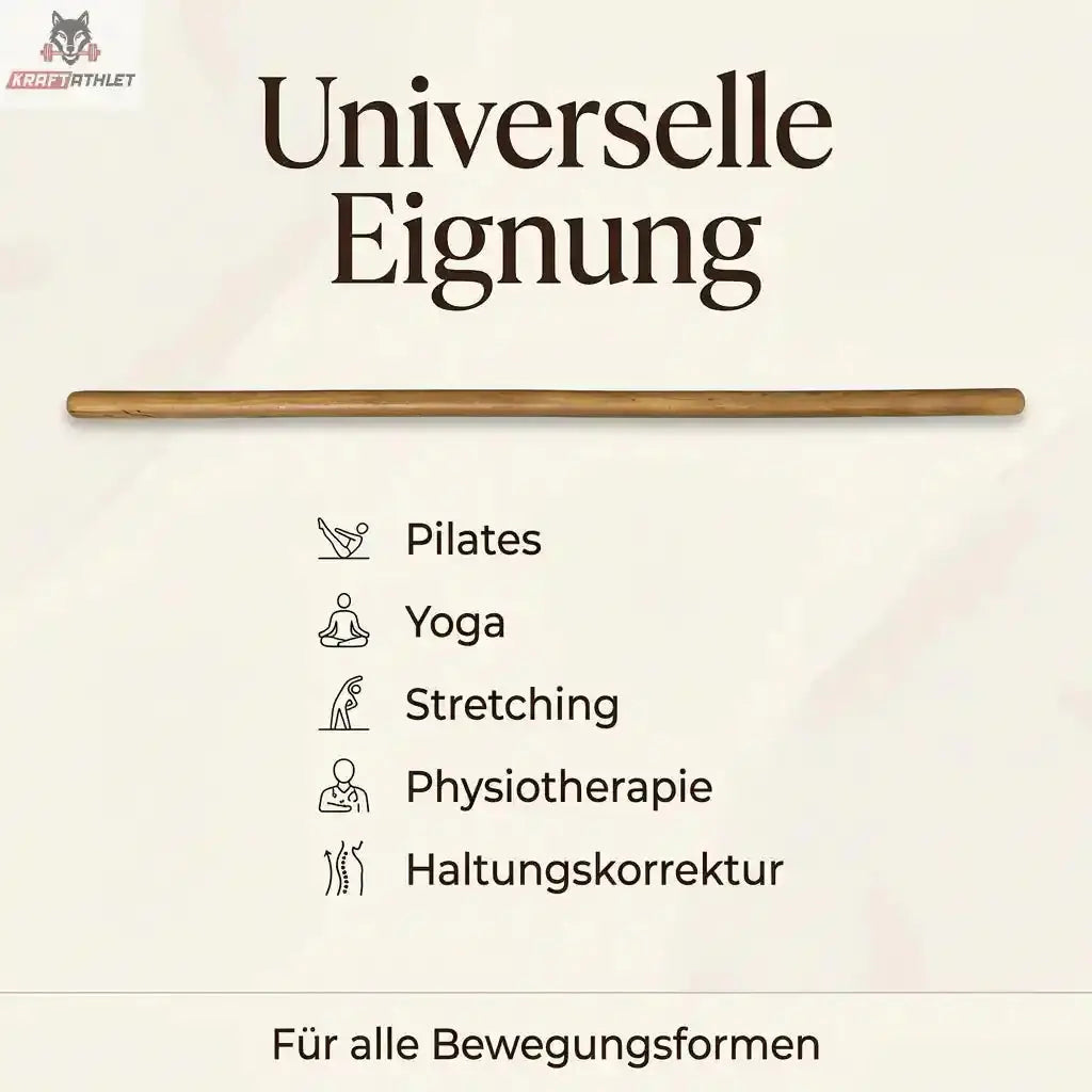 Hegren Pilates Wooden Stick 1,10 m aus Eiche, Infografik mit Einsatzbereichen wie Pilates, Yoga und Stretching