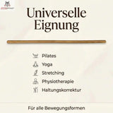 Hegren Pilates Wooden Stick 1,10 m aus Eiche, Infografik mit Einsatzbereichen wie Pilates, Yoga und Stretching