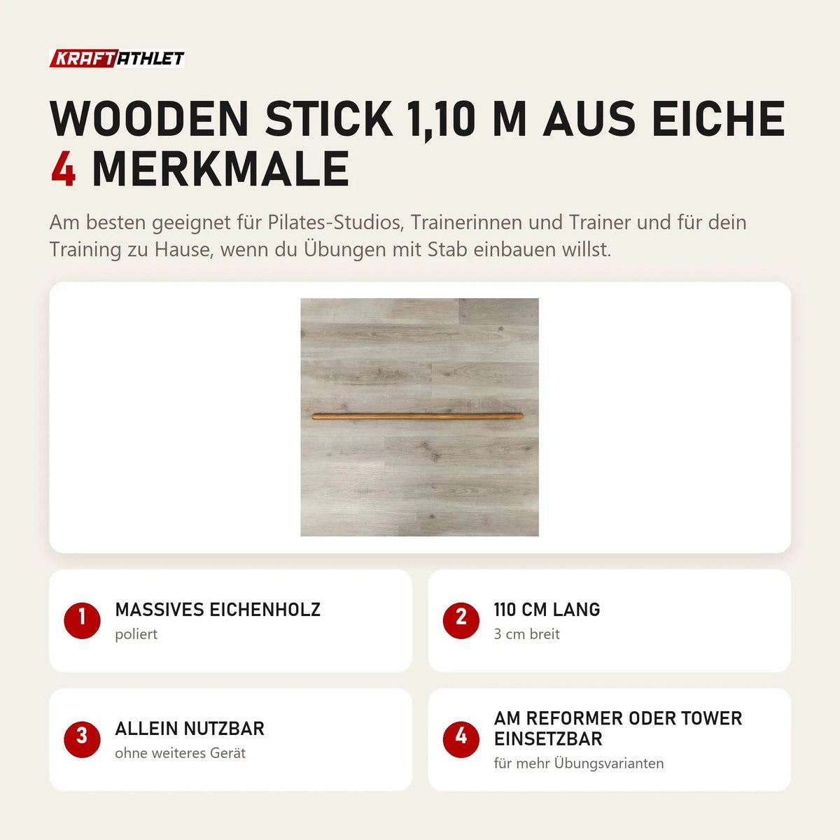 Hegren Pilates Wooden Stick 1,10 m aus Eiche mit 4 Merkmalen: Massives Eichenholz, 110 cm lang, Allein nutzbar, Am Reformer oder Tower einsetzbar