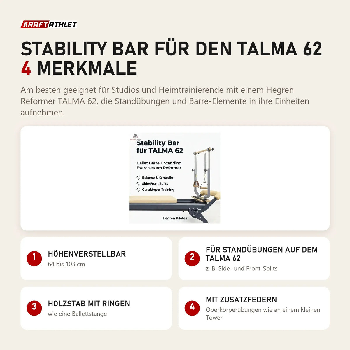 Hegren Stability Bar für den TALMA 62 mit 4 Merkmalen: Höhenverstellbar, Für Standübungen auf dem TALMA 62, Holzstab mit Ringen, Mit Zusatzfedern