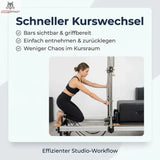 Hegren Stability Bar Wall Stand Wandhalter: Infografik zum Kurswechsel, Trainierende in der Hocke am Reformer mit Stability Bar