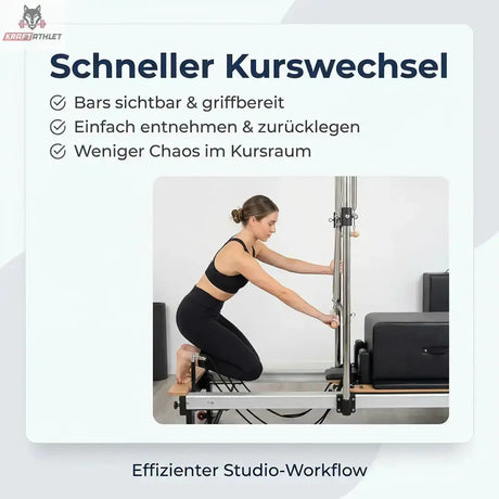 Hegren Stability Bar Wall Stand Wandhalter: Infografik zum Kurswechsel, Trainierende in der Hocke am Reformer mit Stability Bar
