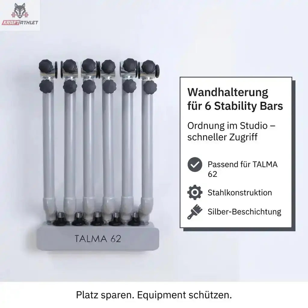 Hegren Stability Bar Wall Stand Wandhalter mit sechs Bars und Infokasten zu Stahlkonstruktion und Silber-Beschichtung