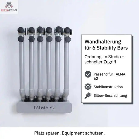 Hegren Stability Bar Wall Stand Wandhalter mit sechs Bars und Infokasten zu Stahlkonstruktion und Silber-Beschichtung
