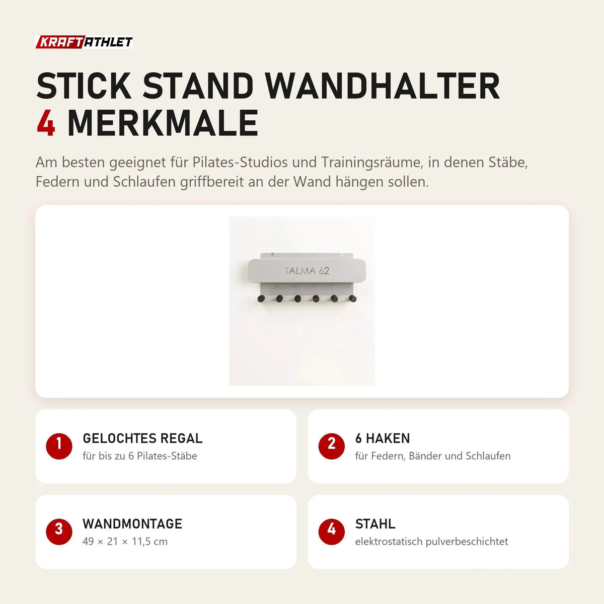 Hegren Stick Stand Wandhalter mit 4 Merkmalen: Gelochtes Regal, 6 Haken, Wandmontage, Stahl