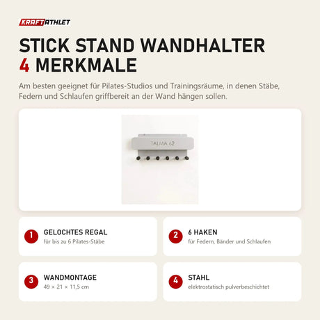 Hegren Stick Stand Wandhalter mit 4 Merkmalen: Gelochtes Regal, 6 Haken, Wandmontage, Stahl