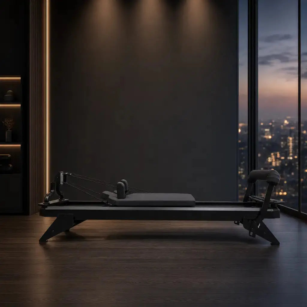 Hegren TALMA 62 Black Elegance Reformer in dunklem Studio vor Fensterfront bei Nacht