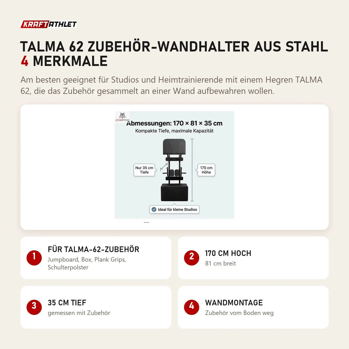 Hegren TALMA 62 Zubehör-Wandhalter aus Stahl mit 4 Merkmalen: Für TALMA-62-Zubehör, 170 cm hoch, 35 cm tief, Wandmontage