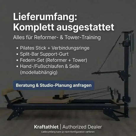 Hegren TALMA 62CT+ Reformer mit Tower, Grafik zum Lieferumfang mit Zubehör für Reformer und Tower