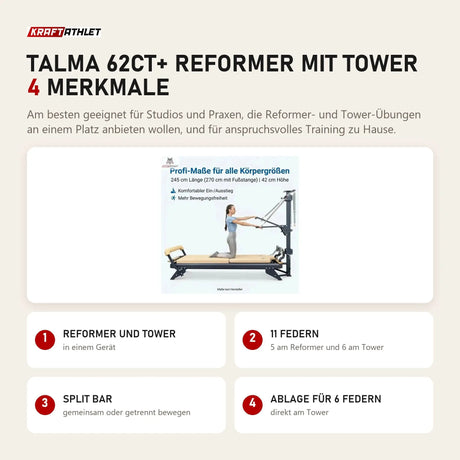 Hegren TALMA 62CT+ Reformer mit Tower mit 4 Merkmalen: Reformer und Tower, 11 Federn, Split Bar, Ablage für 6 Federn