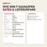 Technische Daten und Lieferumfang von HUUM HIVE Mini 9 Saunaofen als Tabelle