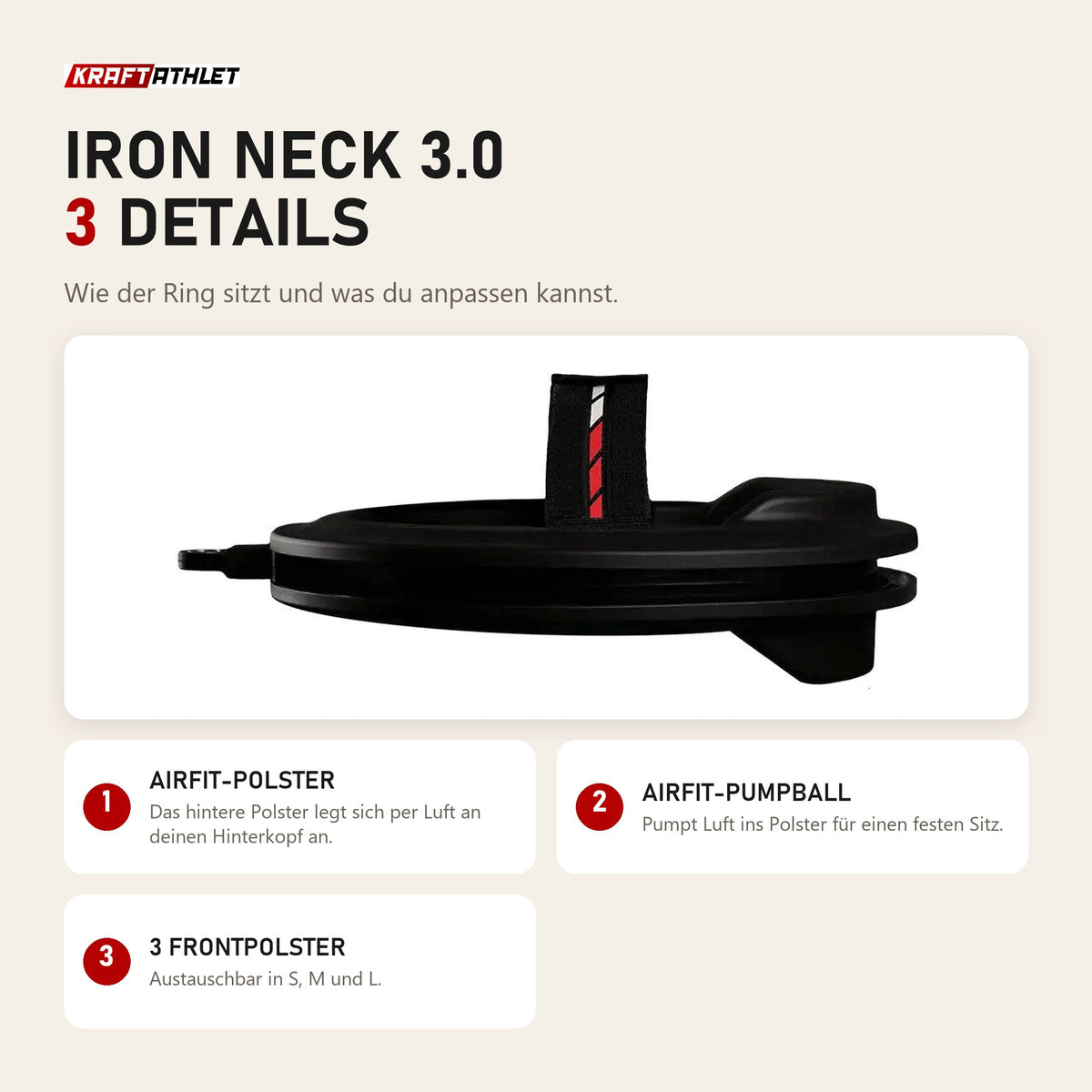 Iron Neck 3.0 Nackentrainer: 3 Details zu AirFit-Polster, Pumpball und Frontpolstern
