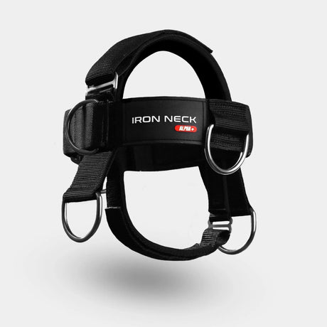 Iron Neck Alpha Harness Plus Nackengeschirr, Frontansicht des schwarzen Geschirrs mit D-Ringen
