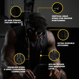 Iron Neck Alpha Harness Plus Nackengeschirr, Sportler mit Geschirr, beschriftete Details zu Riemen und Karabiner