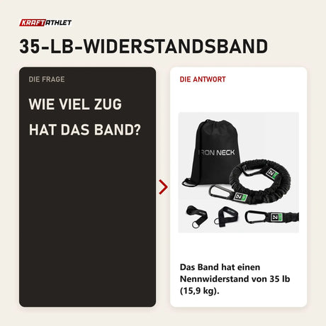 Frage und Antwort zu Iron Neck Harness Kit Heavy Zubehör-Set: Wie viel Zug hat das Band?