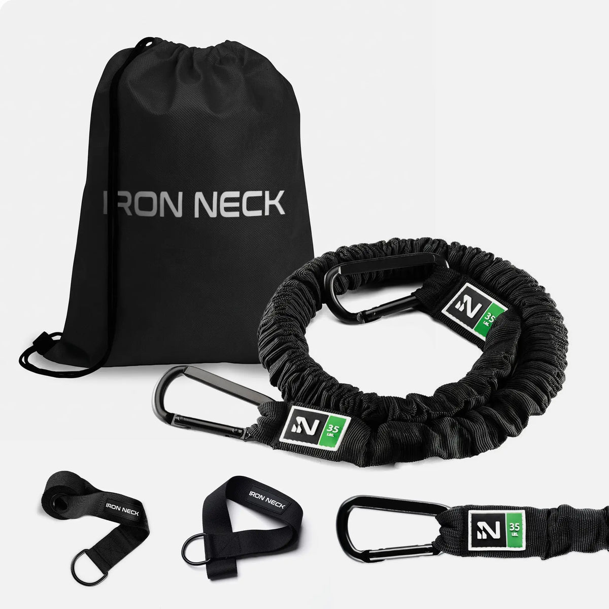 Iron Neck Harness Kit Heavy Zubehör-Set: Turnbeutel, ummanteltes Widerstandsband, Karabiner und Schlaufen im Überblick