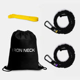 Iron Neck Prehab Kit Band-Set im Überblick: Turnbeutel, gelbes Miniband und zwei ummantelte Widerstandsbänder