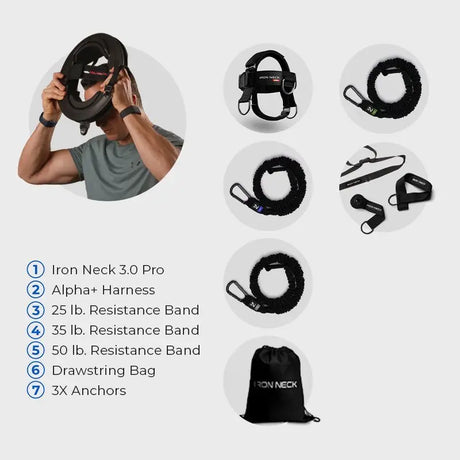 Iron Neck Strength Bundle Nackentrainer-Set, Person trägt Nackengeschirr beim Krafttraining