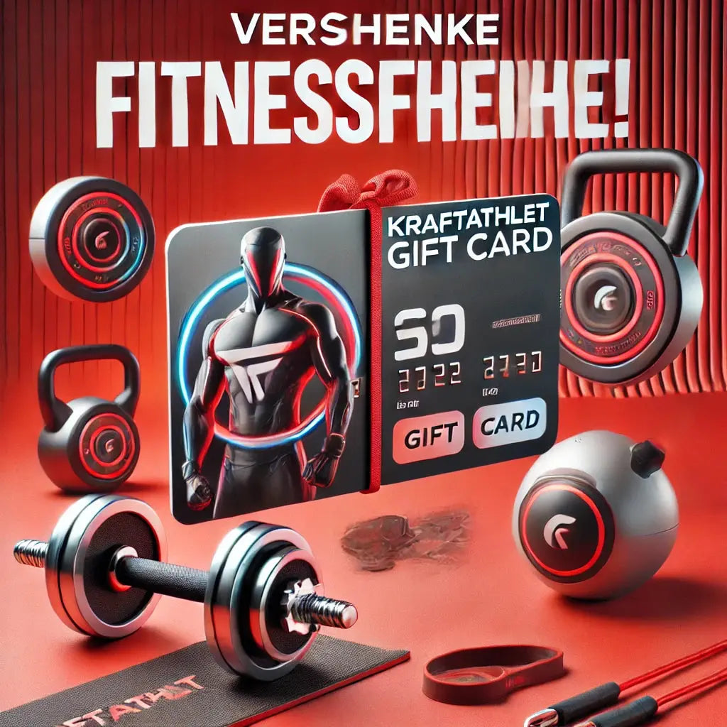 Kraftathlet Geschenkkarte: rote Grafik mit Karte, Kurzhanteln, Kettlebells und Hantelscheiben