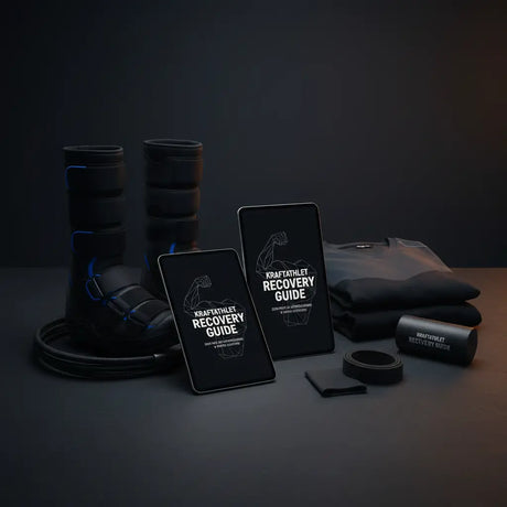 Kraftathlet Recovery Guide E-Book auf Tablet und Smartphone, dunkle Szene mit Recovery-Boots und Zubehör