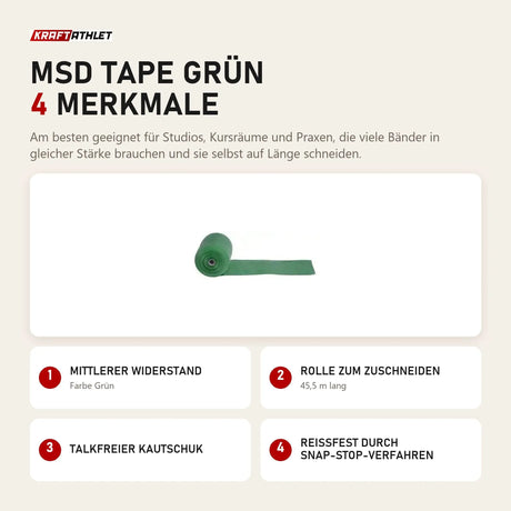 MoVeS MSD Tape Grün mit 4 Merkmalen: Mittlerer Widerstand, Rolle zum Zuschneiden, Talkfreier Kautschuk, Reißfest durch Snap-Stop-Verfahren