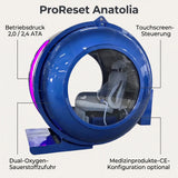 ProReset Anatolia Hyperbarkammer in Blau mit beschrifteten Merkmalen wie Touchscreen-Steuerung