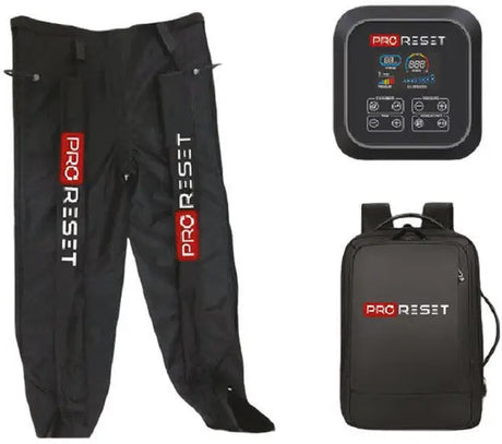 ProReset Boots Full Kompressionssystem: Lieferumfang mit schwarzen Beinmanschetten, Steuergerät und Rucksack