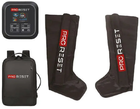 ProReset Boots Kompressionsstiefel mit beiden Stiefeln, Steuergerät und Rucksack in der Übersicht
