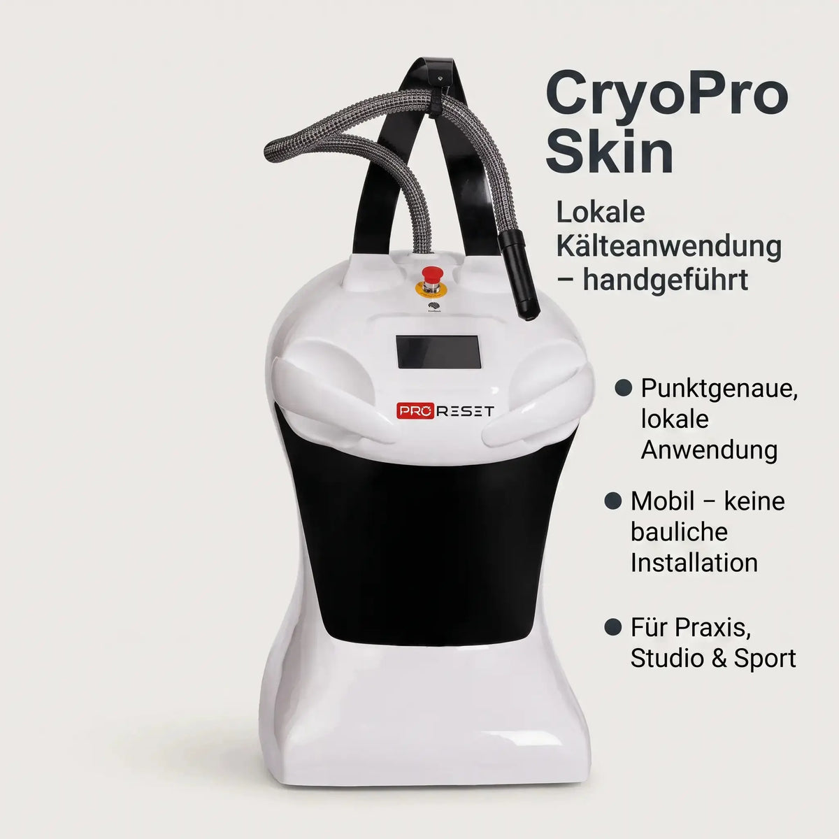 ProReset CryoPro Skin Kältegerät, Grafik mit Eigenschaften auf hellem Hintergrund