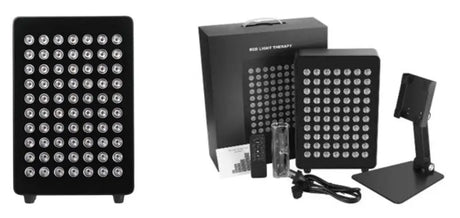 ProReset Desktop Rotlichtpaneel: Paneel mit Ständer, Verpackung und Zubehör auf weißem Hintergrund