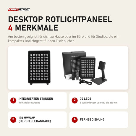 ProReset Desktop Rotlichtpaneel mit 4 Merkmalen: Integrierter Ständer, 70 LEDs, 180 mW/cm² (Herstellerangabe), Fernbedienung