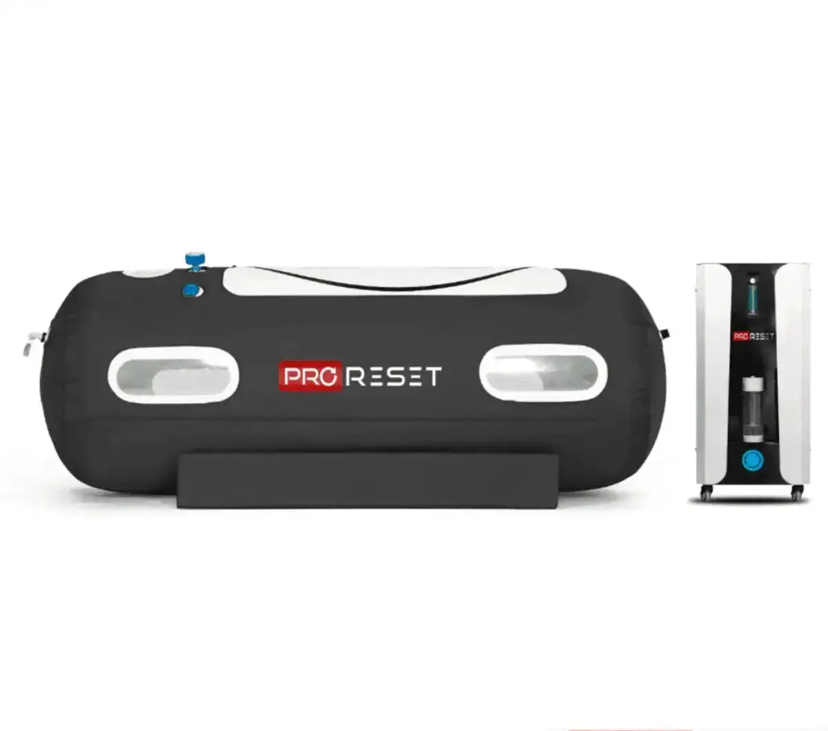 ProReset Flow 90 Softshell-Hyperbarkammer, Seitenansicht mit zugehörigem Kompressor daneben
