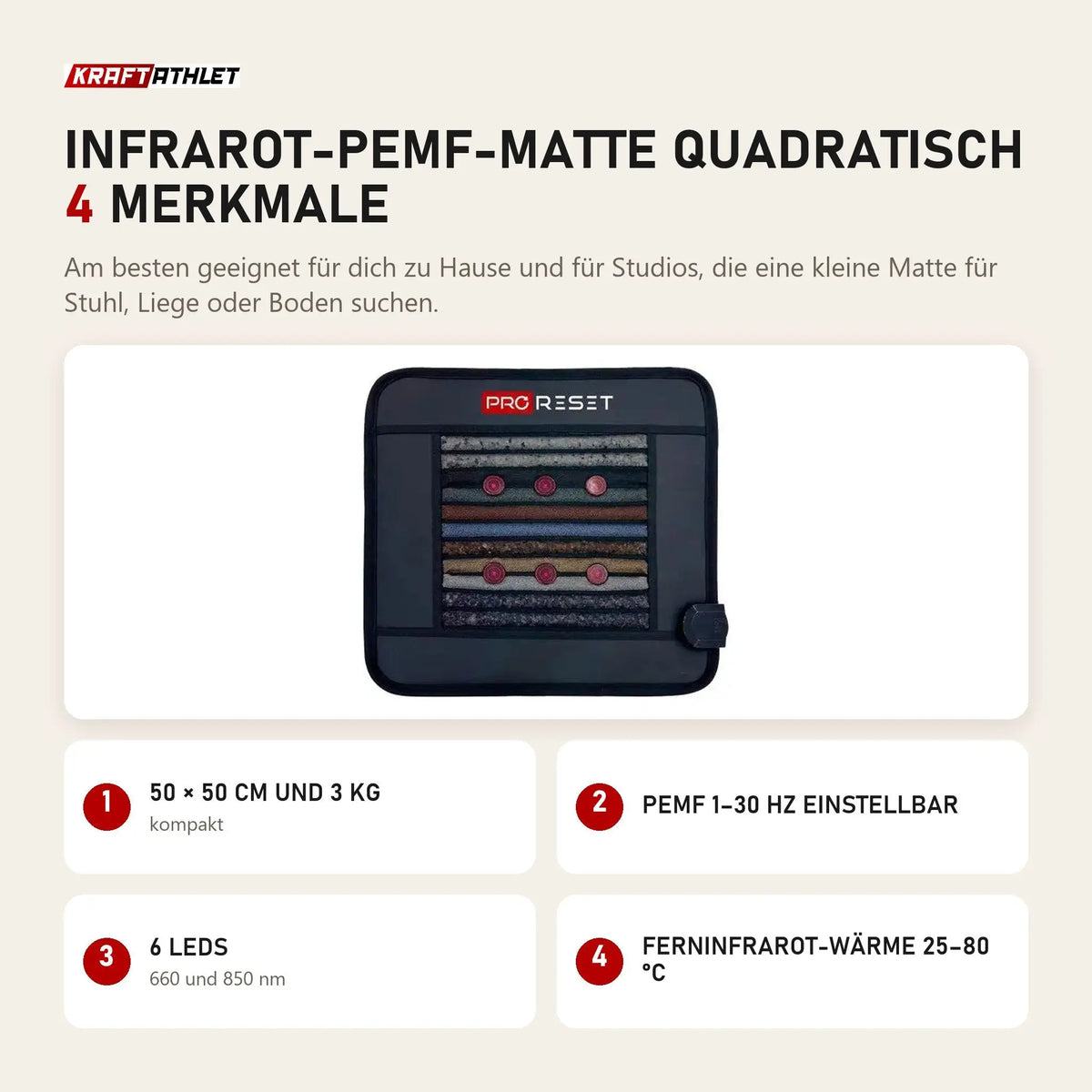ProReset Infrarot-PEMF-Matte quadratisch mit 4 Merkmalen: 50 × 50 cm und 3 kg, PEMF 1–30 Hz einstellbar, 6 LEDs, Ferninfrarot-Wärme 25–80 °C
