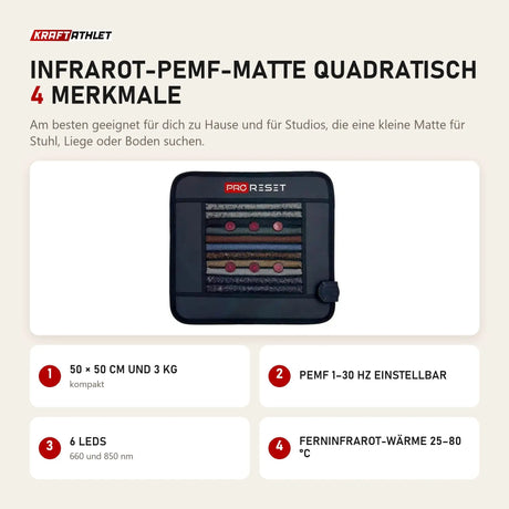 ProReset Infrarot-PEMF-Matte quadratisch mit 4 Merkmalen: 50 × 50 cm und 3 kg, PEMF 1–30 Hz einstellbar, 6 LEDs, Ferninfrarot-Wärme 25–80 °C