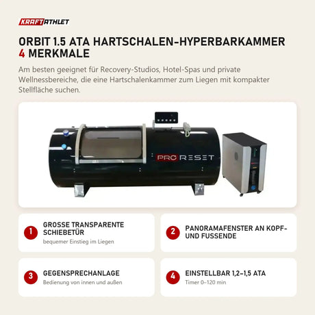 ProReset Orbit 1.5 ATA Hartschalen-Hyperbarkammer mit 4 Merkmalen: Große transparente Schiebetür, Panoramafenster an Kopf- und Fußende, Gegensprechanlage, Einstellbar 1,2–1,5 ATA