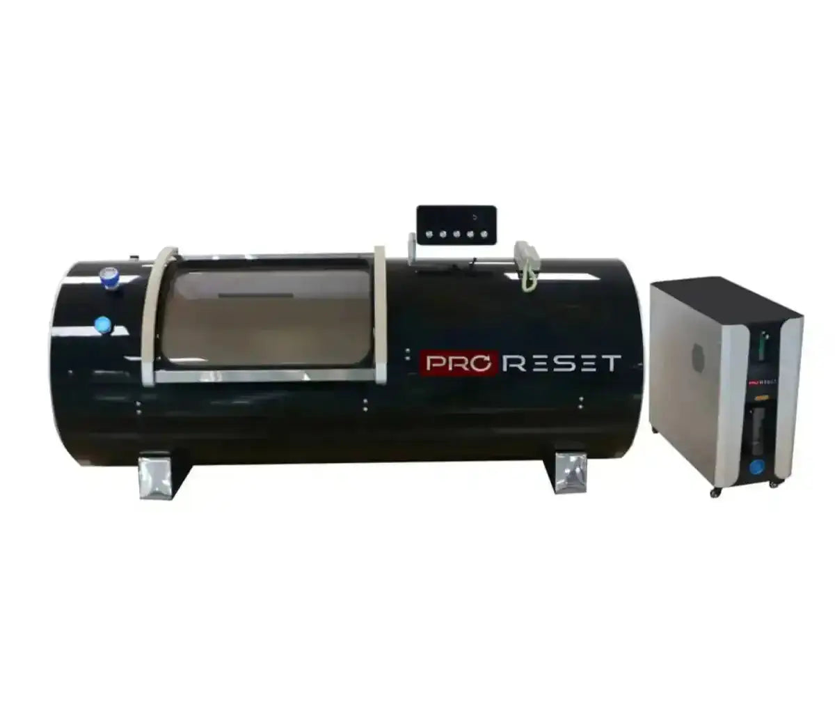 ProReset Orbit 1.5 ATA Hartschalen-Hyperbarkammer – Seitenansicht in Schwarz mit Fenstern und Konzentrator