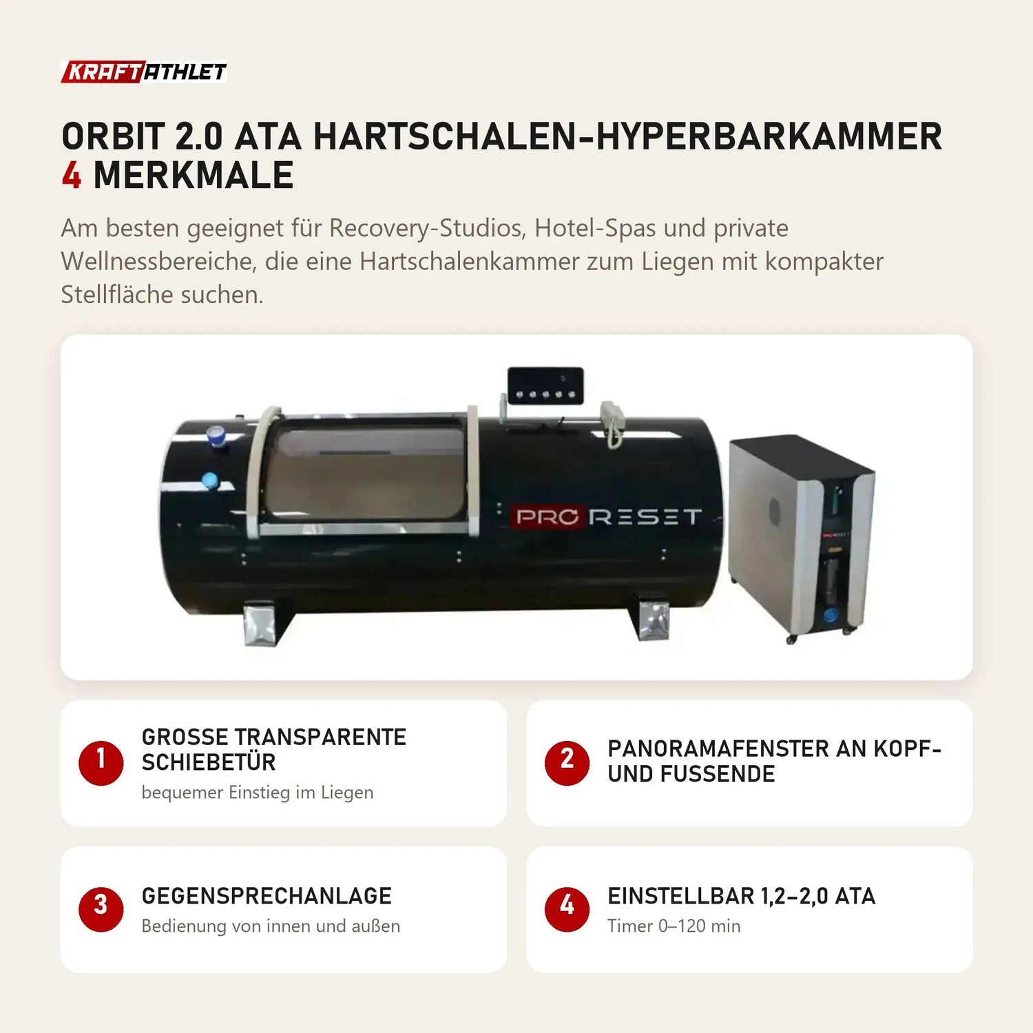 ProReset Orbit 2.0 ATA Hartschalen-Hyperbarkammer mit 4 Merkmalen: Große transparente Schiebetür, Panoramafenster an Kopf- und Fußende, Gegensprechanlage, Einstellbar 1,2–2,0 ATA