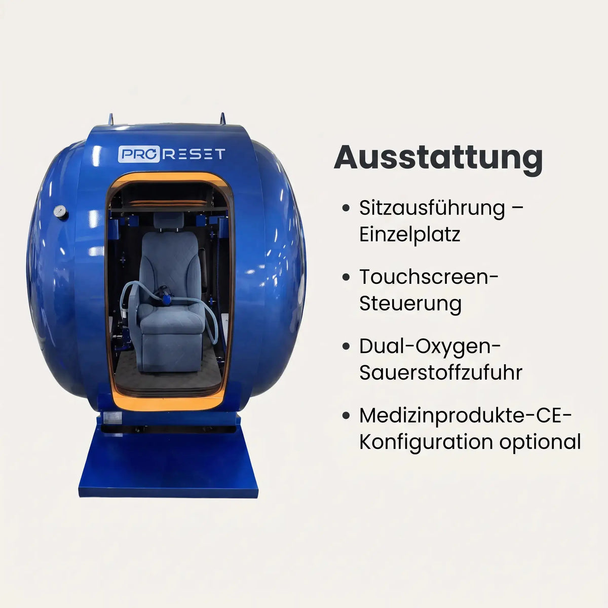 ProReset Petra Sitz-Hyperbarkammer in Blau neben einer Liste der Ausstattungsmerkmale